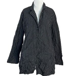Sun Kim Boyfriend Jacket Black Pinstripe Size XL Crinkle Artsy Blazer LagenLook